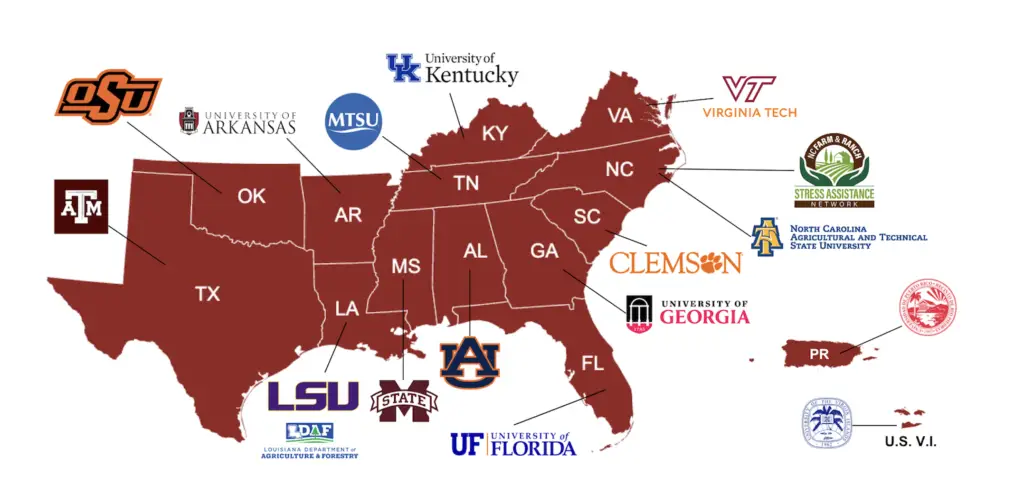 Map of the FRSAN South Region that shows logos for each Lead Partner Organization (LPOs) in each state